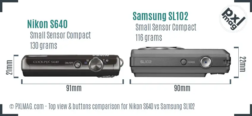 Nikon S640 vs Samsung SL102 top view buttons comparison