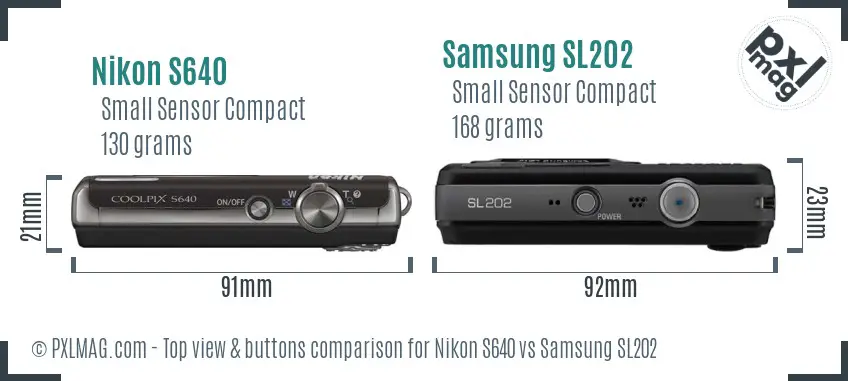 Nikon S640 vs Samsung SL202 top view buttons comparison Nikon S640 vs Samsung SL202 top view buttons comparison