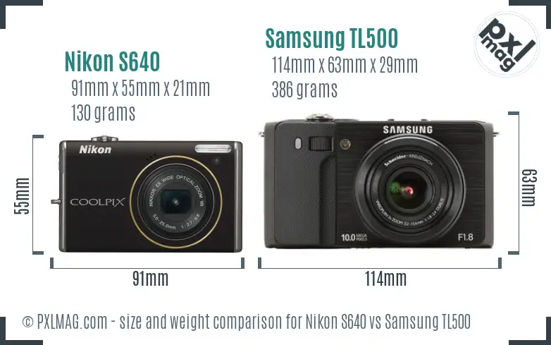 Nikon S640 vs Samsung TL500 size comparison