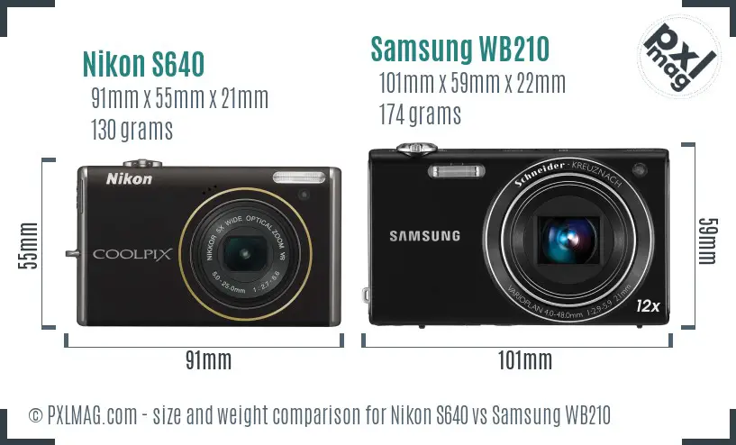 Nikon S640 vs Samsung WB210 size comparison