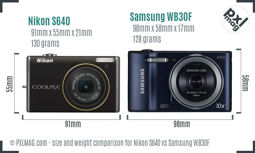 Nikon S640 vs Samsung WB30F size comparison