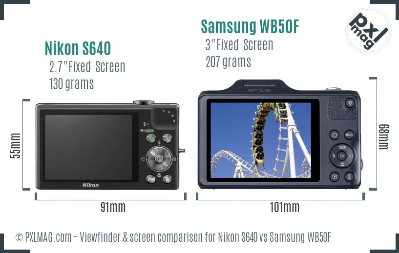 Nikon S640 vs Samsung WB50F Screen and Viewfinder comparison