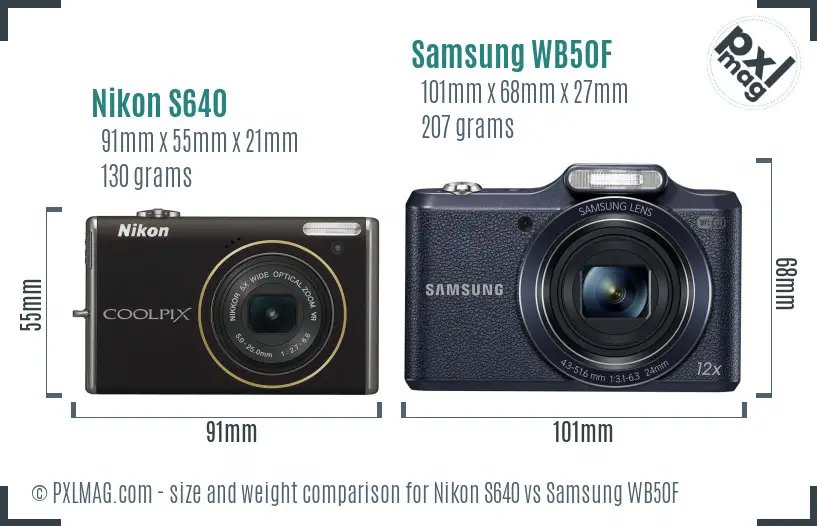 Nikon S640 vs Samsung WB50F size comparison