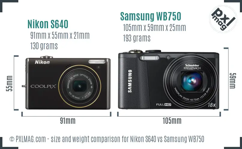 Nikon S640 vs Samsung WB750 size comparison