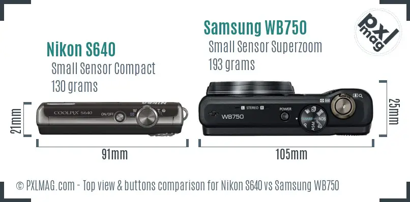 Nikon S640 vs Samsung WB750 top view buttons comparison