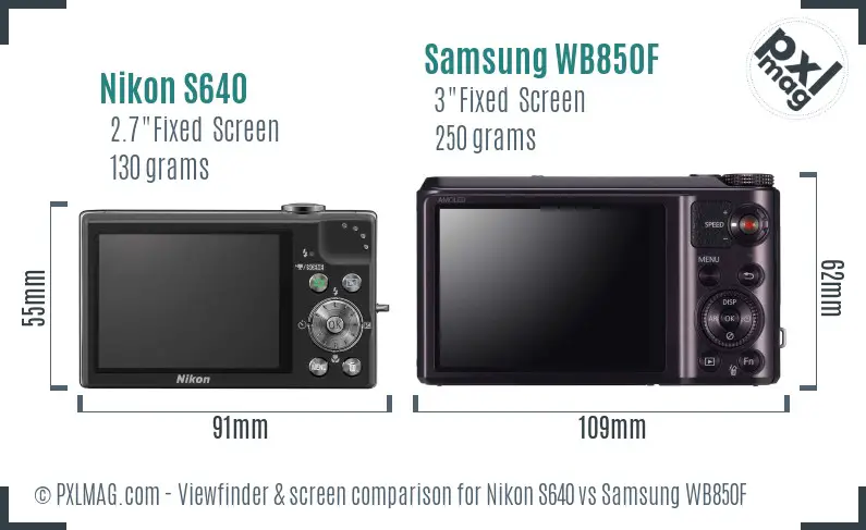 Nikon S640 vs Samsung WB850F Screen and Viewfinder comparison