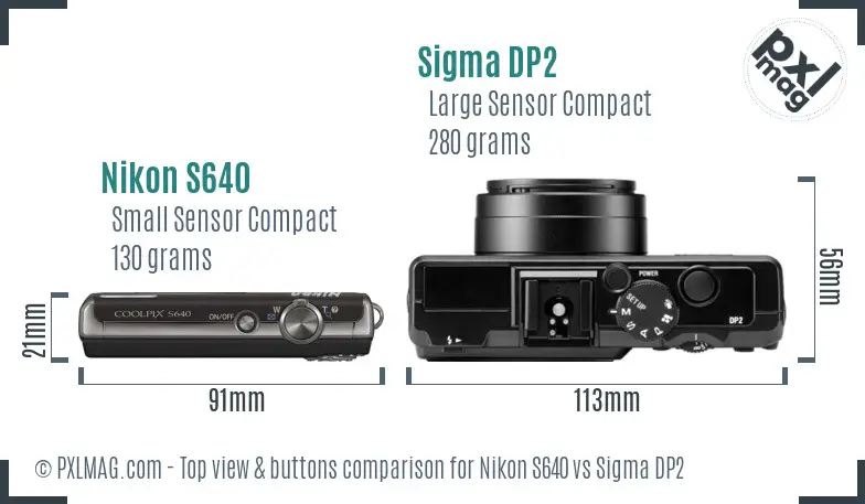 Nikon S640 vs Sigma DP2 top view buttons comparison