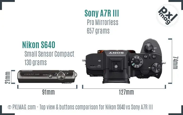 Nikon S640 vs Sony A7R III top view buttons comparison