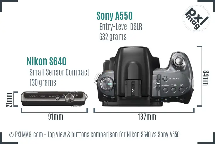 Nikon S640 vs Sony A550 top view buttons comparison