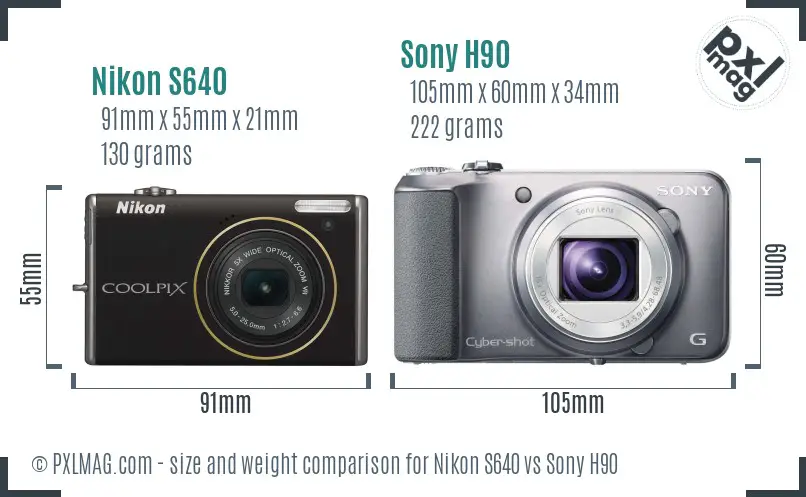 Nikon S640 vs Sony H90 size comparison