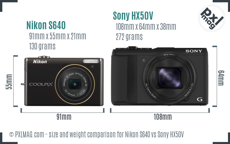 Nikon S640 vs Sony HX50V size comparison