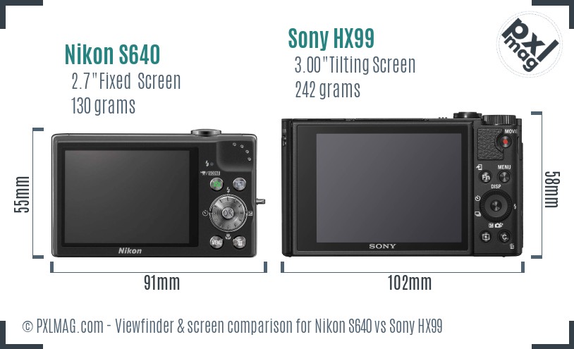 Nikon S640 vs Sony HX99 Screen and Viewfinder comparison