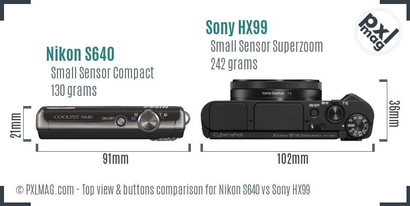 Nikon S640 vs Sony HX99 top view buttons comparison