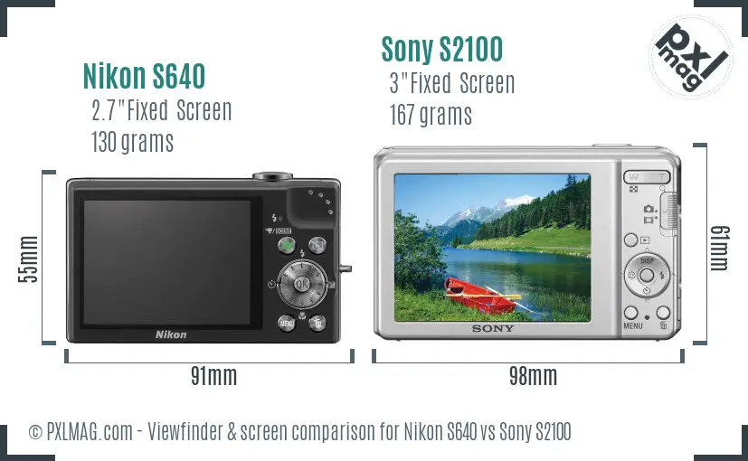 Nikon S640 vs Sony S2100 Screen and Viewfinder comparison