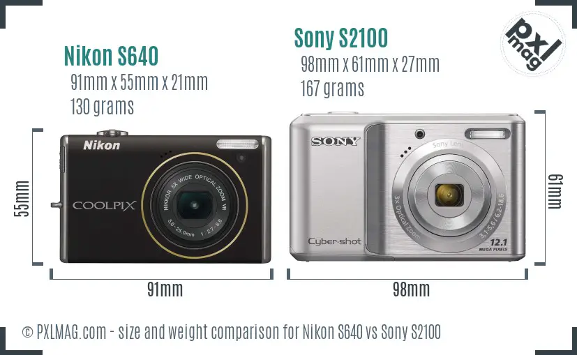 Nikon S640 vs Sony S2100 size comparison