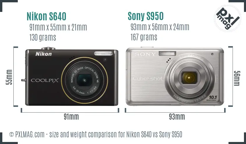 Nikon S640 vs Sony S950 size comparison