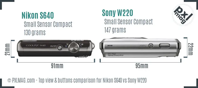 Nikon S640 vs Sony W220 top view buttons comparison