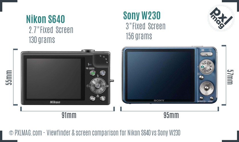 Nikon S640 vs Sony W230 Screen and Viewfinder comparison