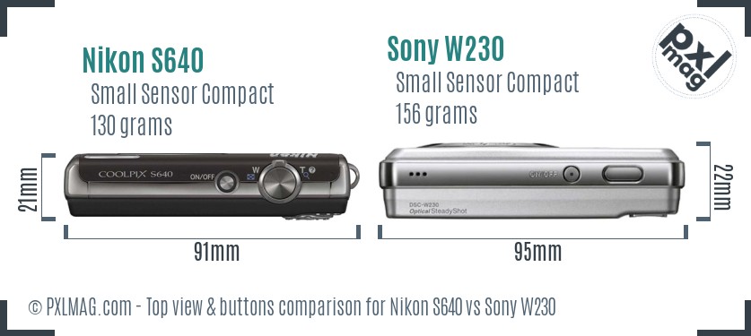 Nikon S640 vs Sony W230 top view buttons comparison