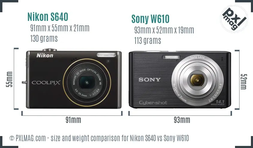 Nikon S640 vs Sony W610 size comparison