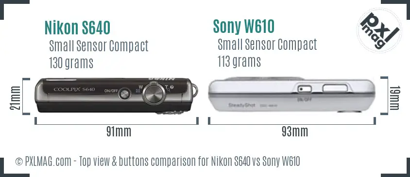 Nikon S640 vs Sony W610 top view buttons comparison
