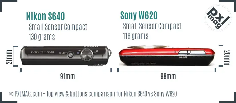 Nikon S640 vs Sony W620 top view buttons comparison Nikon S640 vs Sony W620 top view buttons comparison