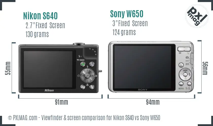 Nikon S640 vs Sony W650 Screen and Viewfinder comparison