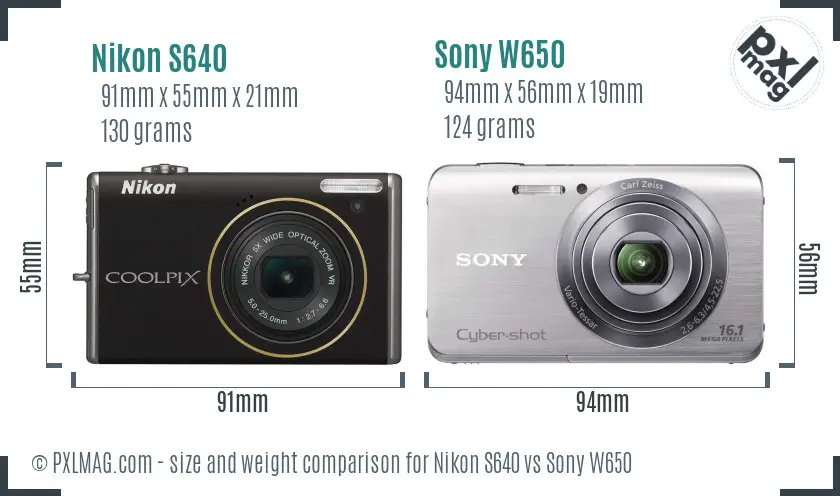 Nikon S640 vs Sony W650 size comparison