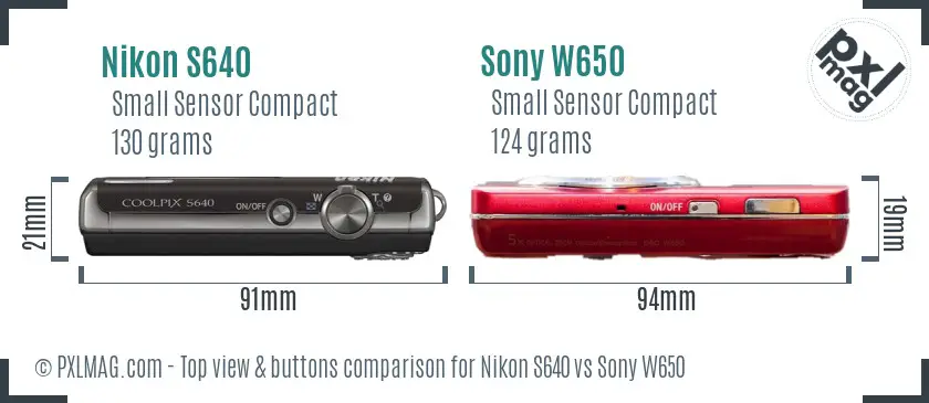 Nikon S640 vs Sony W650 top view buttons comparison
