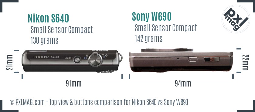 Nikon S640 vs Sony W690 top view buttons comparison