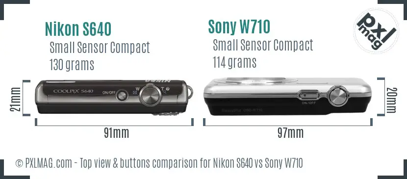Nikon S640 vs Sony W710 top view buttons comparison