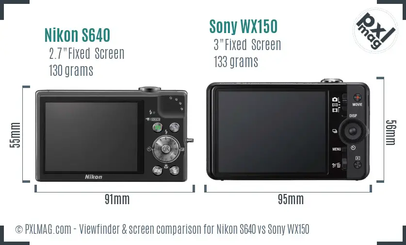 Nikon S640 vs Sony WX150 Screen and Viewfinder comparison