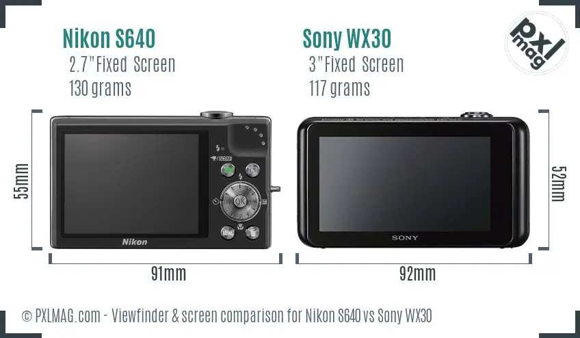 Nikon S640 vs Sony WX30 Screen and Viewfinder comparison