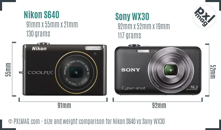 Nikon S640 vs Sony WX30 size comparison