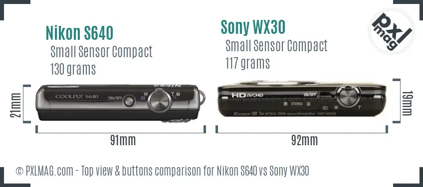 Nikon S640 vs Sony WX30 top view buttons comparison