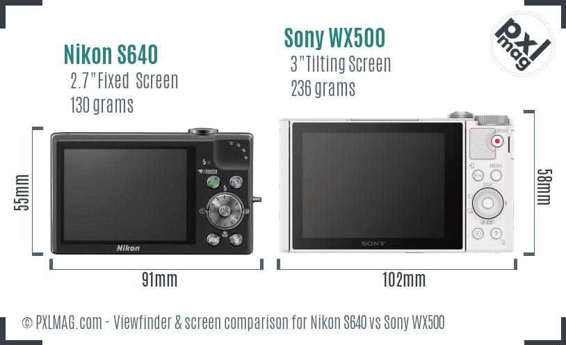 Nikon S640 vs Sony WX500 Screen and Viewfinder comparison