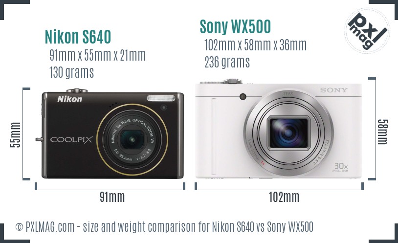 Nikon S640 vs Sony WX500 size comparison