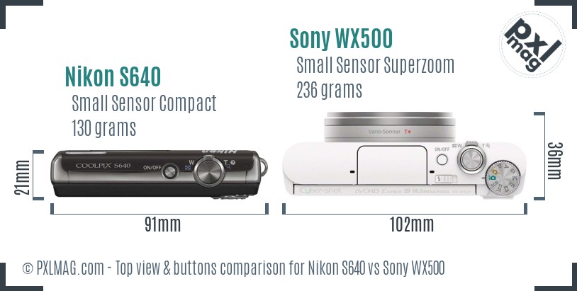 Nikon S640 vs Sony WX500 top view buttons comparison