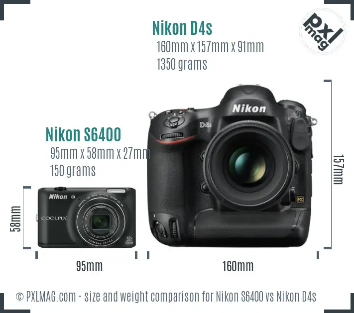 Nikon S6400 vs Nikon D4s size comparison