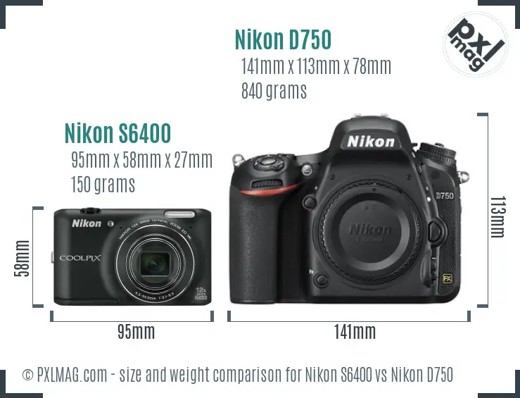 Nikon S6400 vs Nikon D750 size comparison