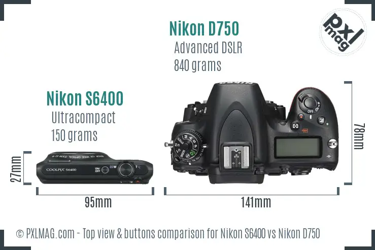 Nikon S6400 vs Nikon D750 top view buttons comparison