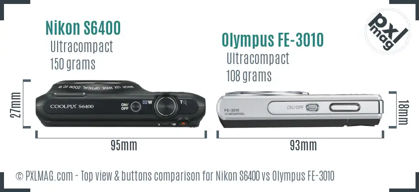 Nikon S6400 vs Olympus FE-3010 top view buttons comparison