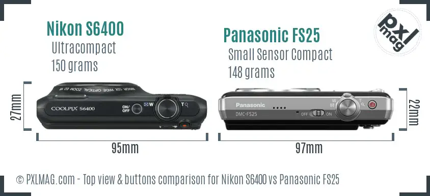 Nikon S6400 vs Panasonic FS25 top view buttons comparison