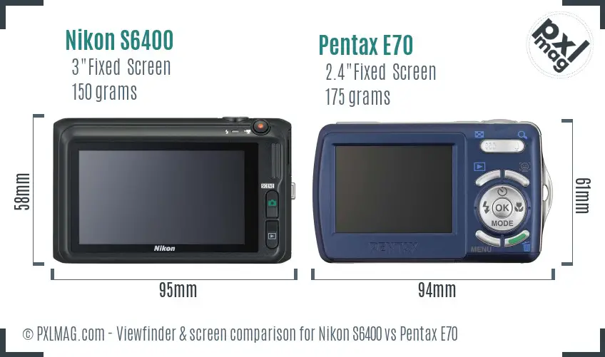 Nikon S6400 vs Pentax E70 Screen and Viewfinder comparison