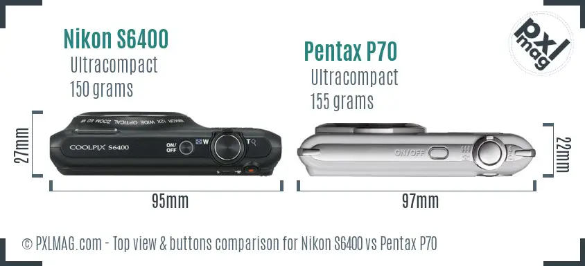 Nikon S6400 vs Pentax P70 top view buttons comparison