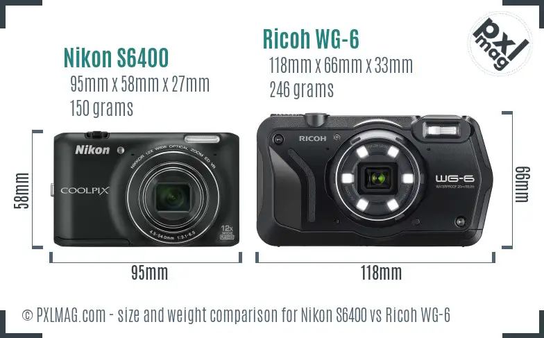 Nikon S6400 vs Ricoh WG-6 size comparison