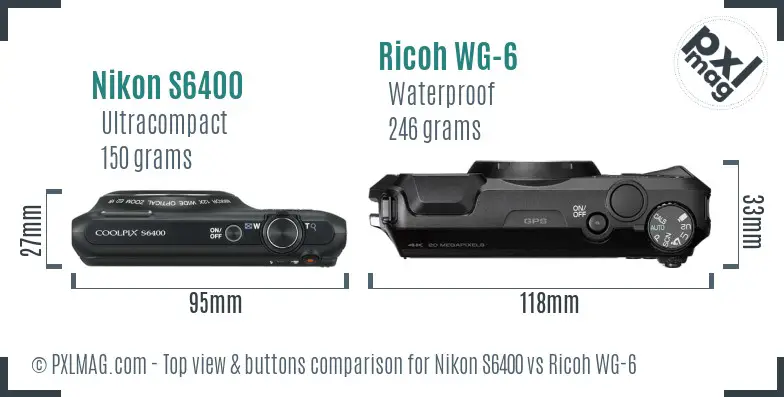 Nikon S6400 vs Ricoh WG-6 top view buttons comparison
