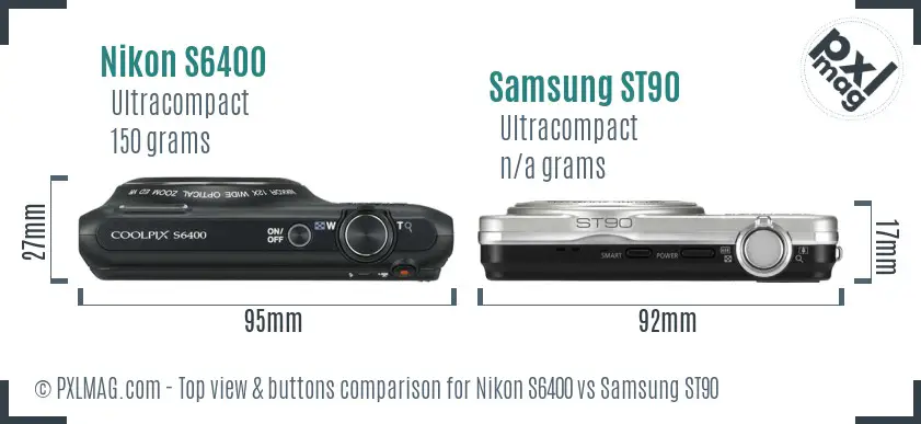 Nikon S6400 vs Samsung ST90 top view buttons comparison Nikon S6400 vs Samsung ST90 top view buttons comparison