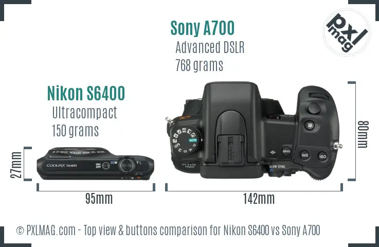 Nikon S6400 vs Sony A700 top view buttons comparison Nikon S6400 vs Sony A700 top view buttons comparison