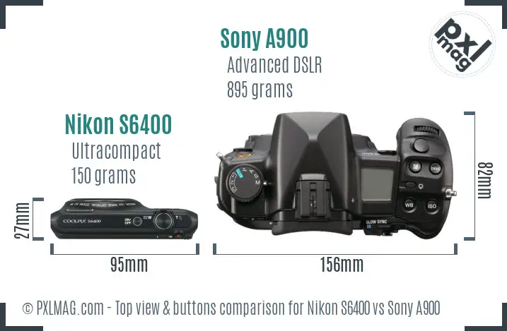 Nikon S6400 vs Sony A900 top view buttons comparison